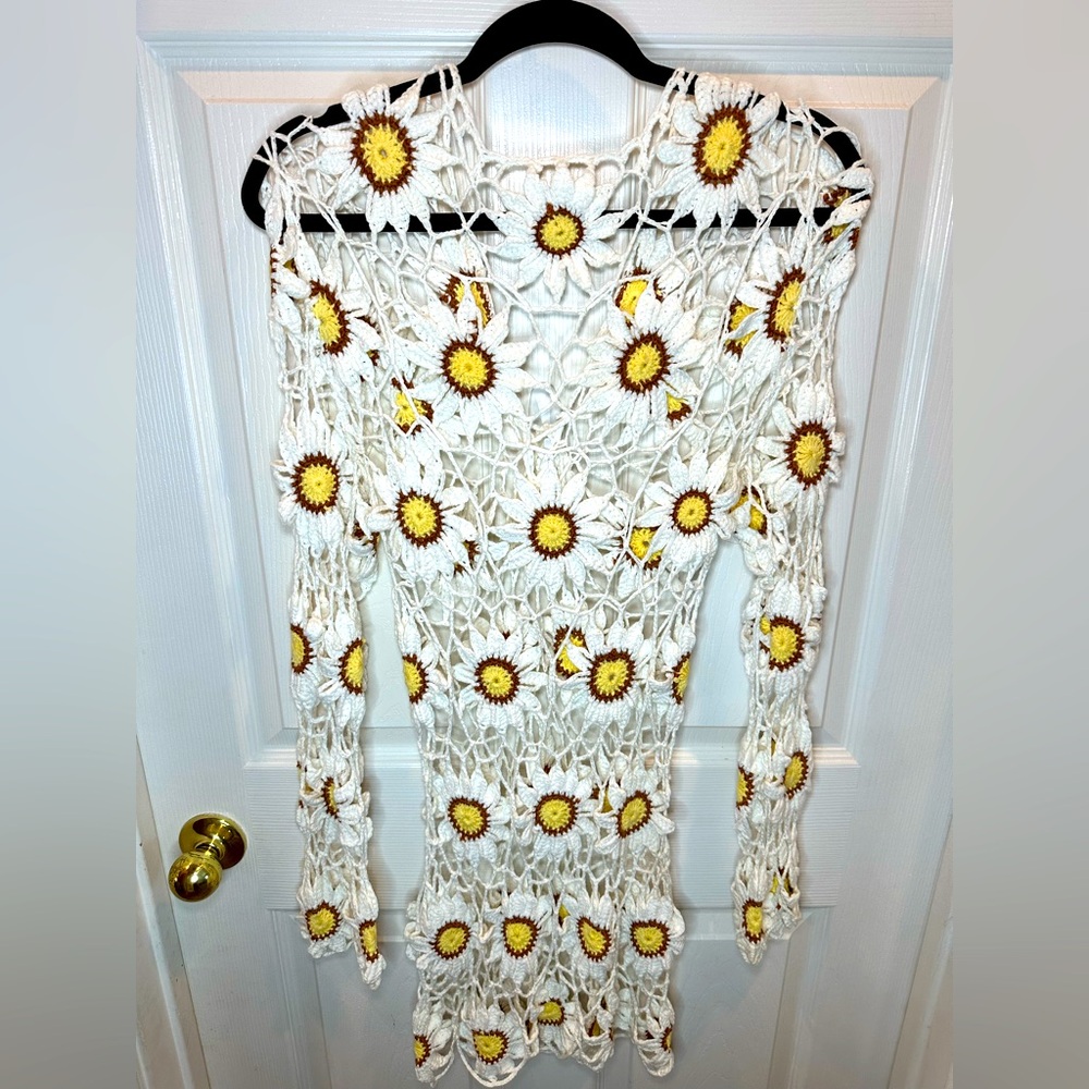 Daisy Dreams Ivory Sheer Crochet Mini Dress Boho Festival Beach Cover Up Large - Picture 5 of 9